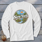 White long-sleeve shirt with circular New York nature graphic and deer.