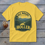 Yellow t-shirt with a scenic mountain road and "All Roads Lead to the Holler" text.