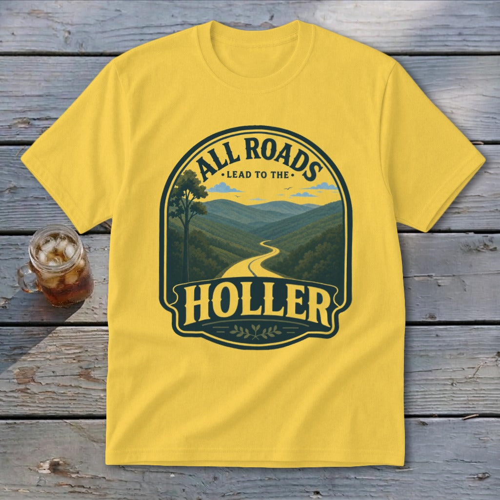 Yellow t-shirt with a scenic mountain road and "All Roads Lead to the Holler" text.