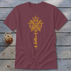 Maroon t-shirt with a yellow floral design and the word "holler".