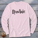 Pink long-sleeve t-shirt with black "Up-uz-Under" text.