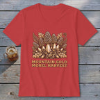 Red t-shirt with "Mountain Gold Morel Harvest" text and morel mushrooms illustration.
