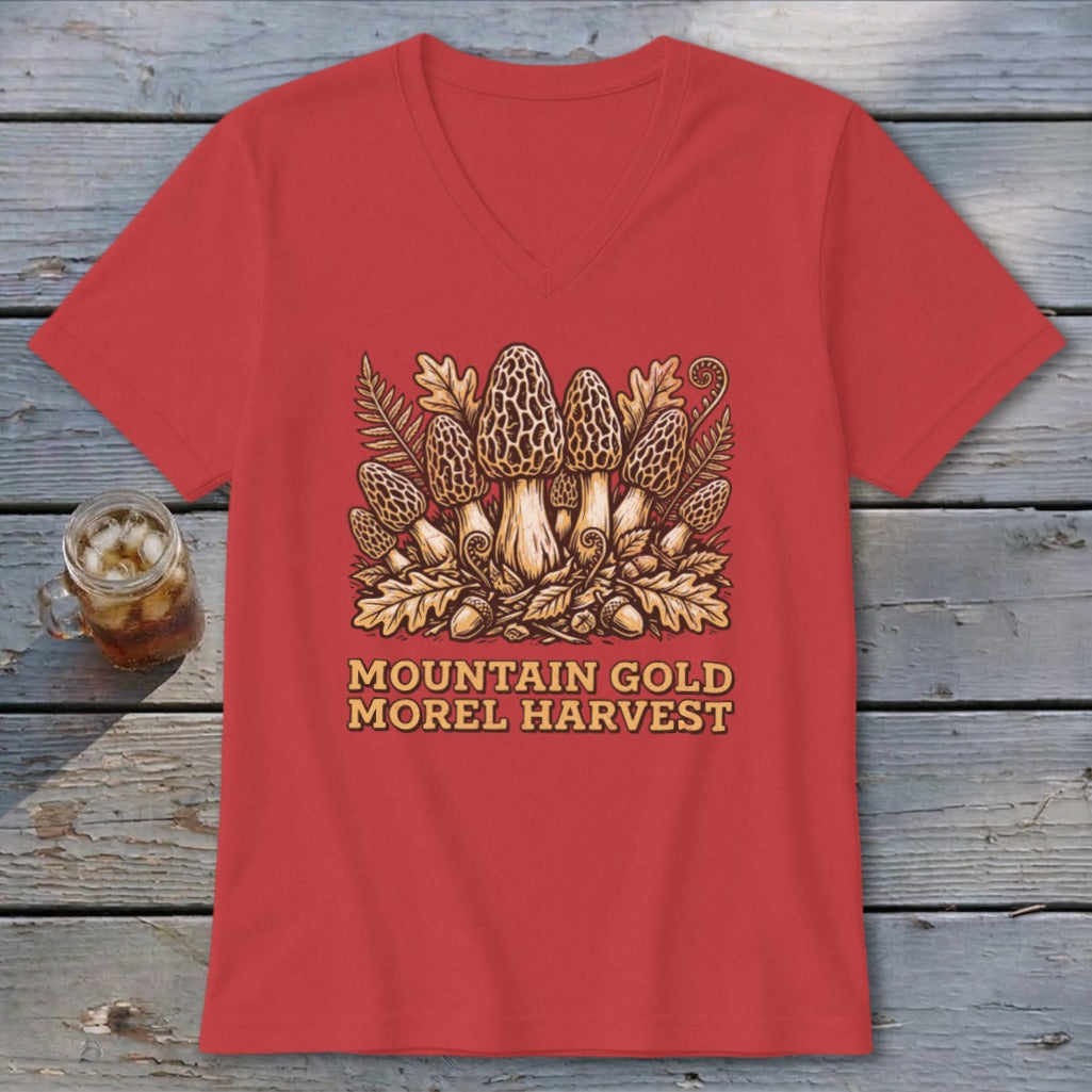 Red t-shirt with "Mountain Gold Morel Harvest" text and morel mushrooms illustration.