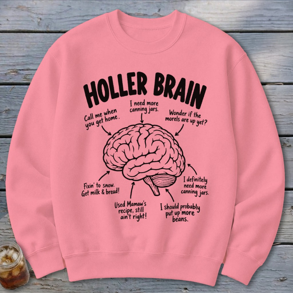 Pink sweatshirt with "Holler Brain" and brain diagram with humorous canning and food-related labels.