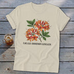 T-shirt with an illustration of orange flame azalea flowers and the text "FLAME AZALEA RHODODENDRON CALENDULACEUM".