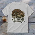 White t-shirt with a Hellbender salamander graphic and "HELLBENDER HOLLER" text.
