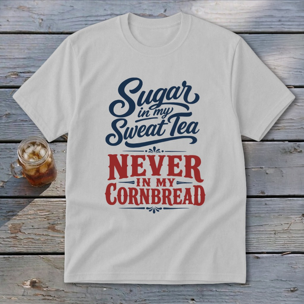 A light gray crewneck t-shirt featuring the blue and red graphic text "Sugar in my Sweet Tea NEVER IN MY CORNBREAD" laid flat on a rustic wooden surface next to a glass of iced tea.