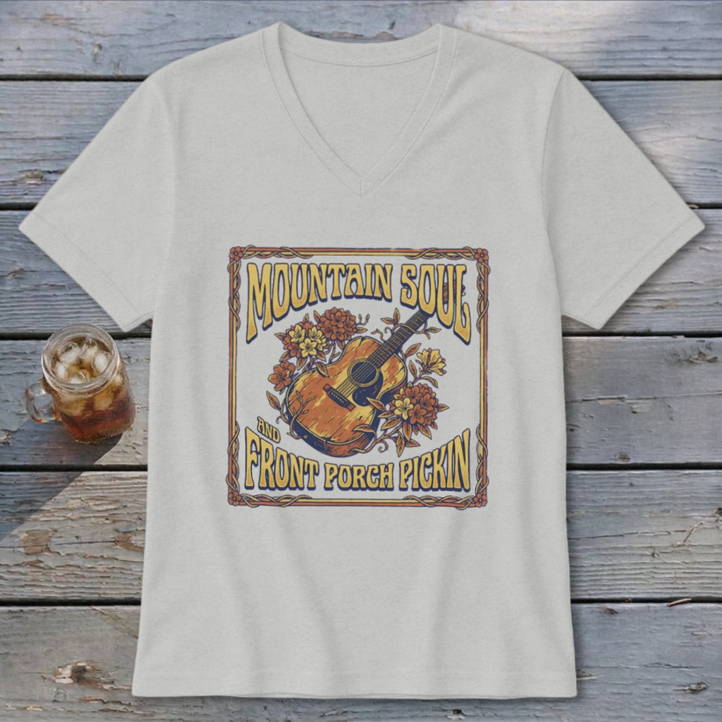T-shirt with "Mountain Soul and Front Porch Pickin" text, guitar, and flowers graphic.
