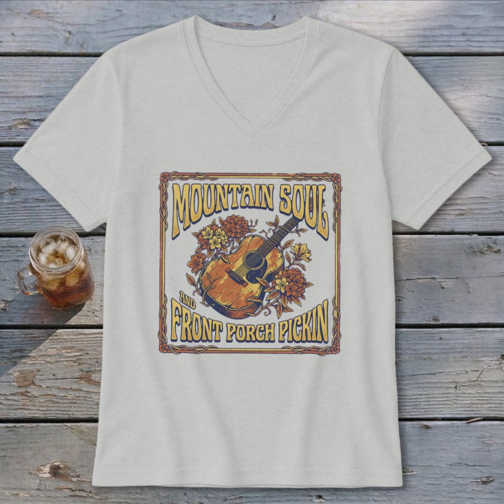 T-shirt with "Mountain Soul and Front Porch Pickin" text, guitar, and flowers graphic.