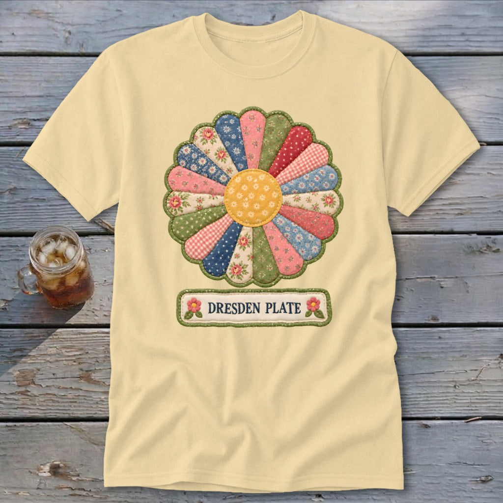 Light yellow t-shirt with a colorful Dresden Plate quilt design and the text "DRESDEN PLATE."