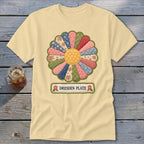 Light yellow t-shirt with a colorful Dresden Plate quilt design and the text "DRESDEN PLATE."
