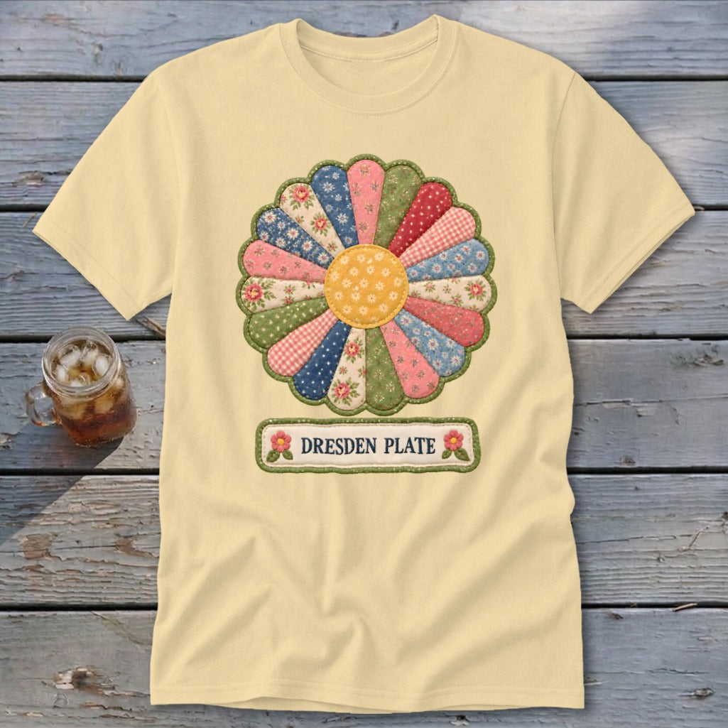 Light yellow t-shirt with a colorful Dresden Plate quilt design and the text "DRESDEN PLATE."