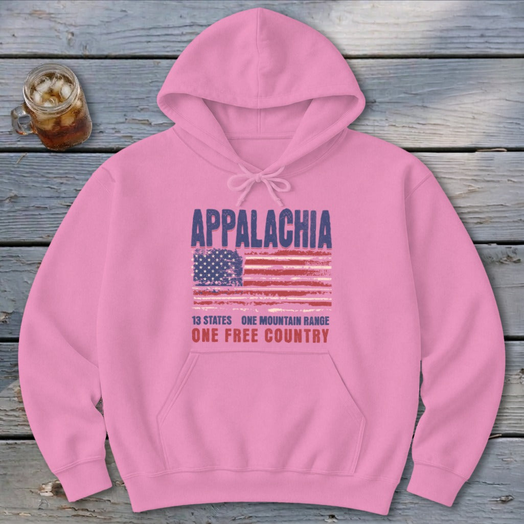 Pink pullover hoodie with a distressed American flag graphic, featuring Appalachia and patriotic text.