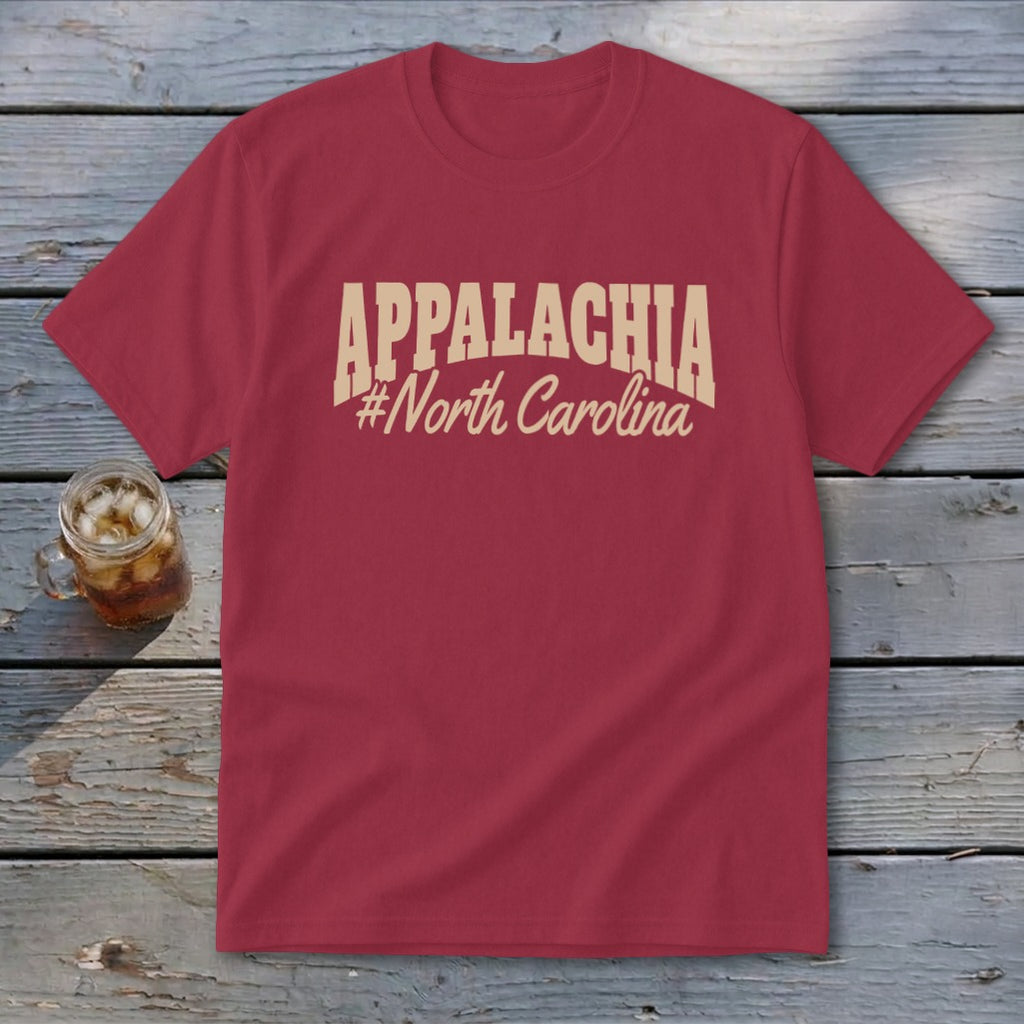 Maroon t-shirt with "APPALACHIA #North Carolina" text design.