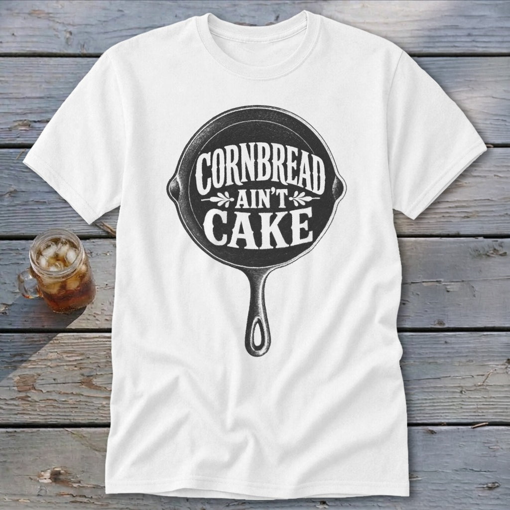 White t-shirt with a cast iron skillet graphic that reads "Cornbread Ain't Cake."