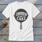 White t-shirt with a cast iron skillet graphic that reads "Cornbread Ain't Cake."