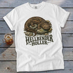 White t-shirt with a hellbender salamander graphic and "Hellbender Holler" text.