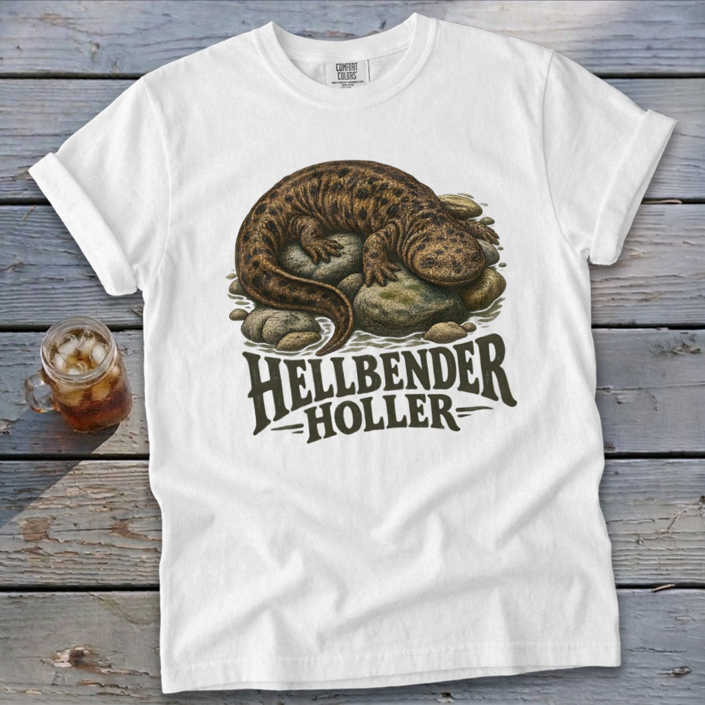 White t-shirt with a hellbender salamander graphic and "Hellbender Holler" text.