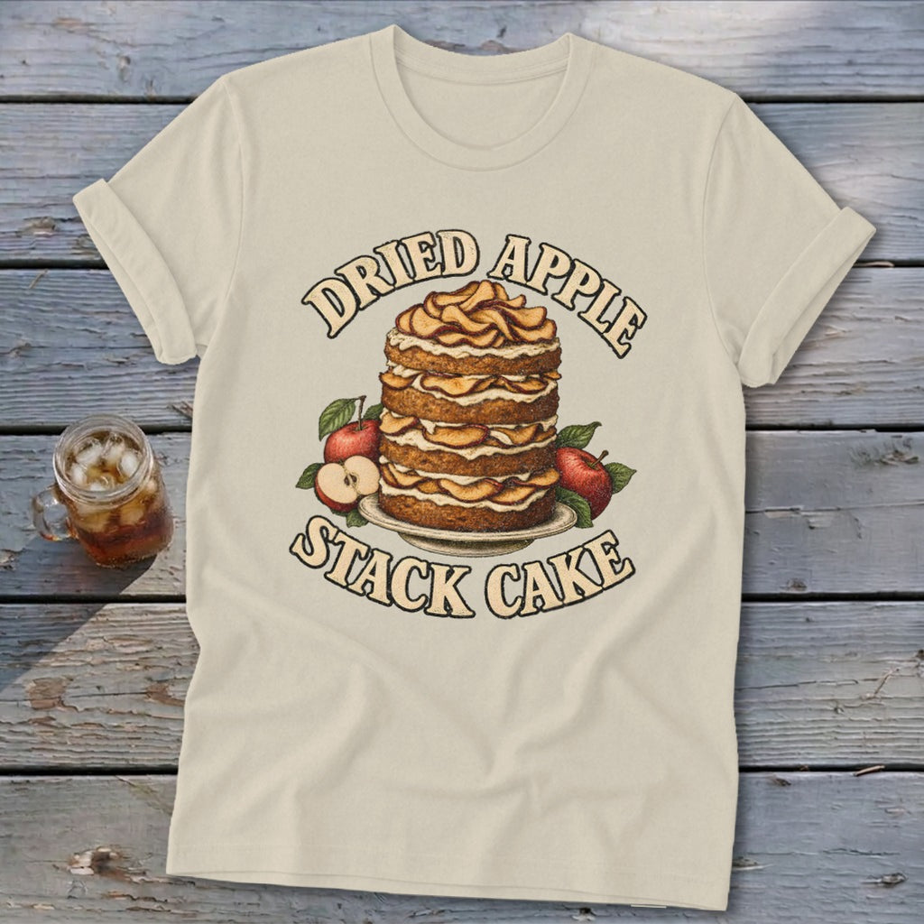 Cream t-shirt with "Dried Apple Stack Cake" text and illustration.