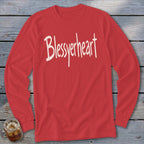 Red long-sleeve shirt with "Blessyerheart" text in white brush script
