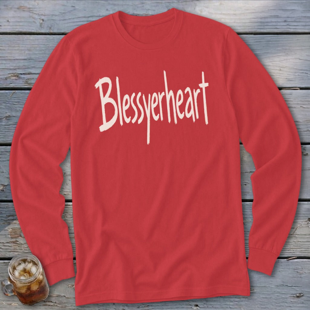 Red long-sleeve shirt with "Blessyerheart" text in white brush script