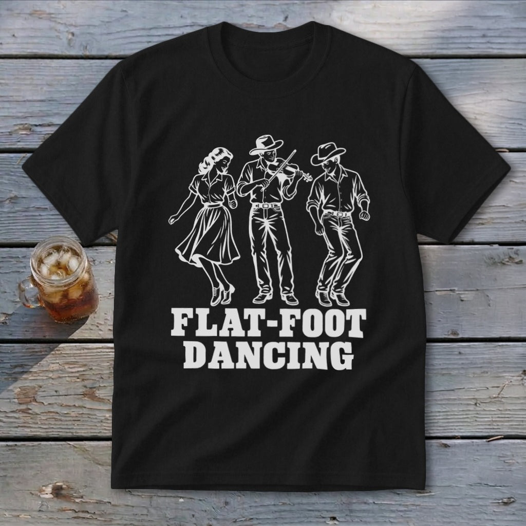 Black t-shirt with white graphic of three dancers and the words "FLAT-FOOT DANCING".