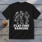 Black t-shirt with white graphic of three dancers and the words "FLAT-FOOT DANCING".