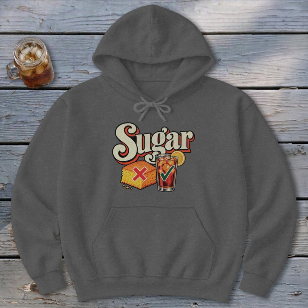 Dark gray hooded sweatshirt featuring a retro graphic with the word Sugar, cornbread, and iced tea.