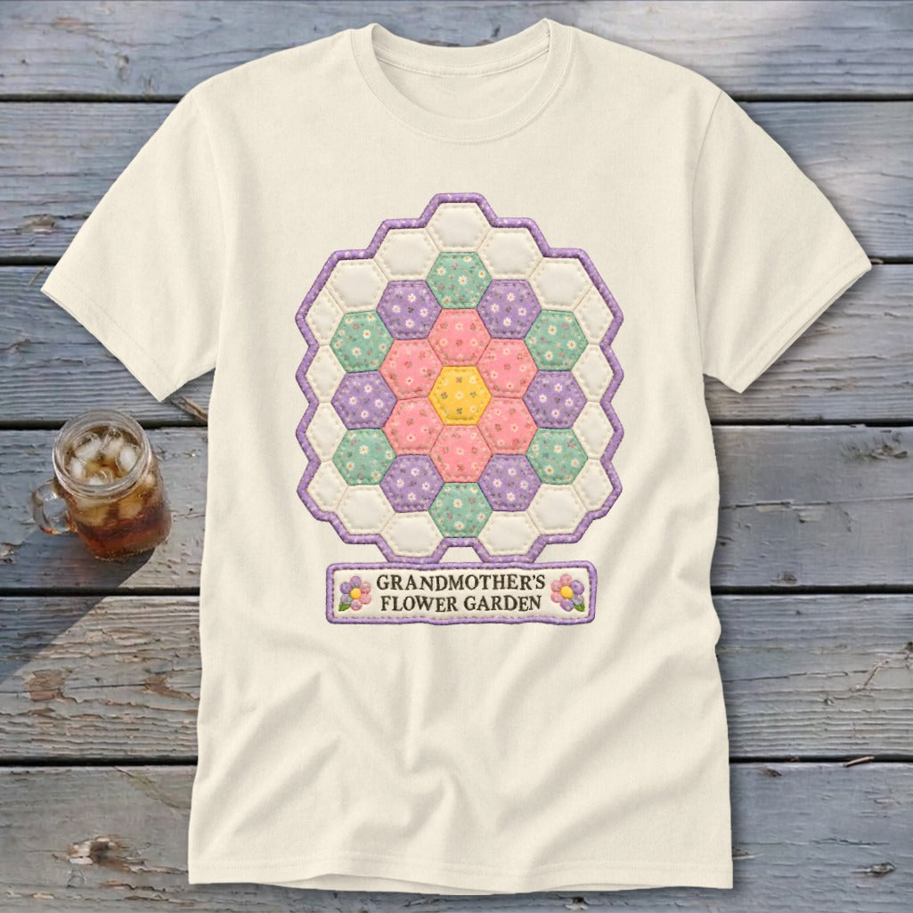 Cream t-shirt with hexagon quilt design reading "Grandmother's Flower Garden".