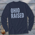 Navy long-sleeve shirt with "OHIO RAISED" text in light blue.