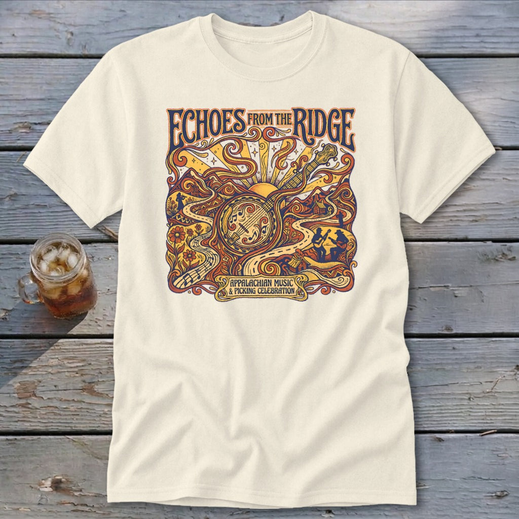 Cream t-shirt with "Echoes From The Ridge" and Appalachian music celebration graphic.