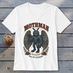 White t-shirt with Mothman graphic and text "Mothman Was My Neighbor."