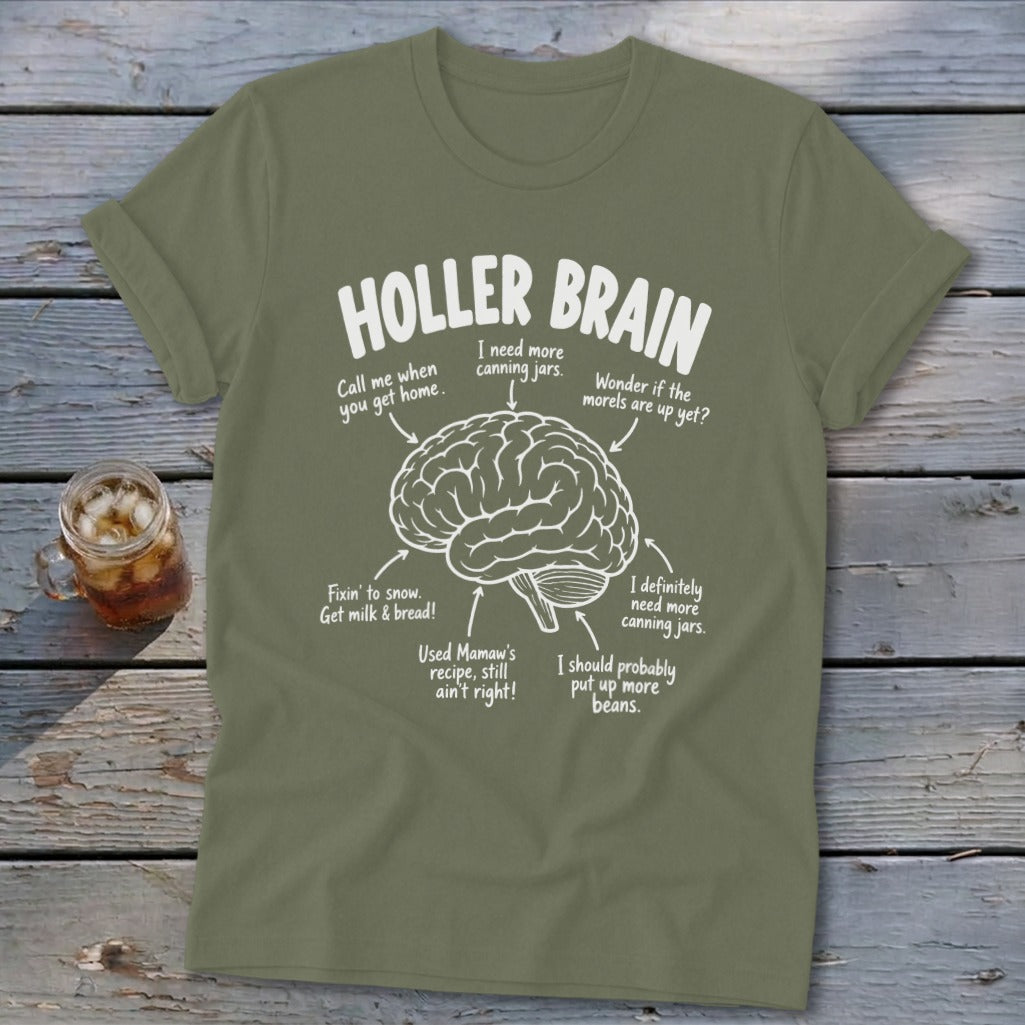Olive green t-shirt with "HOLLER BRAIN" and a diagram of a brain with humorous labels.