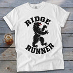 White t-shirt with black "RIDGE RUNNER" text and a black bear graphic.