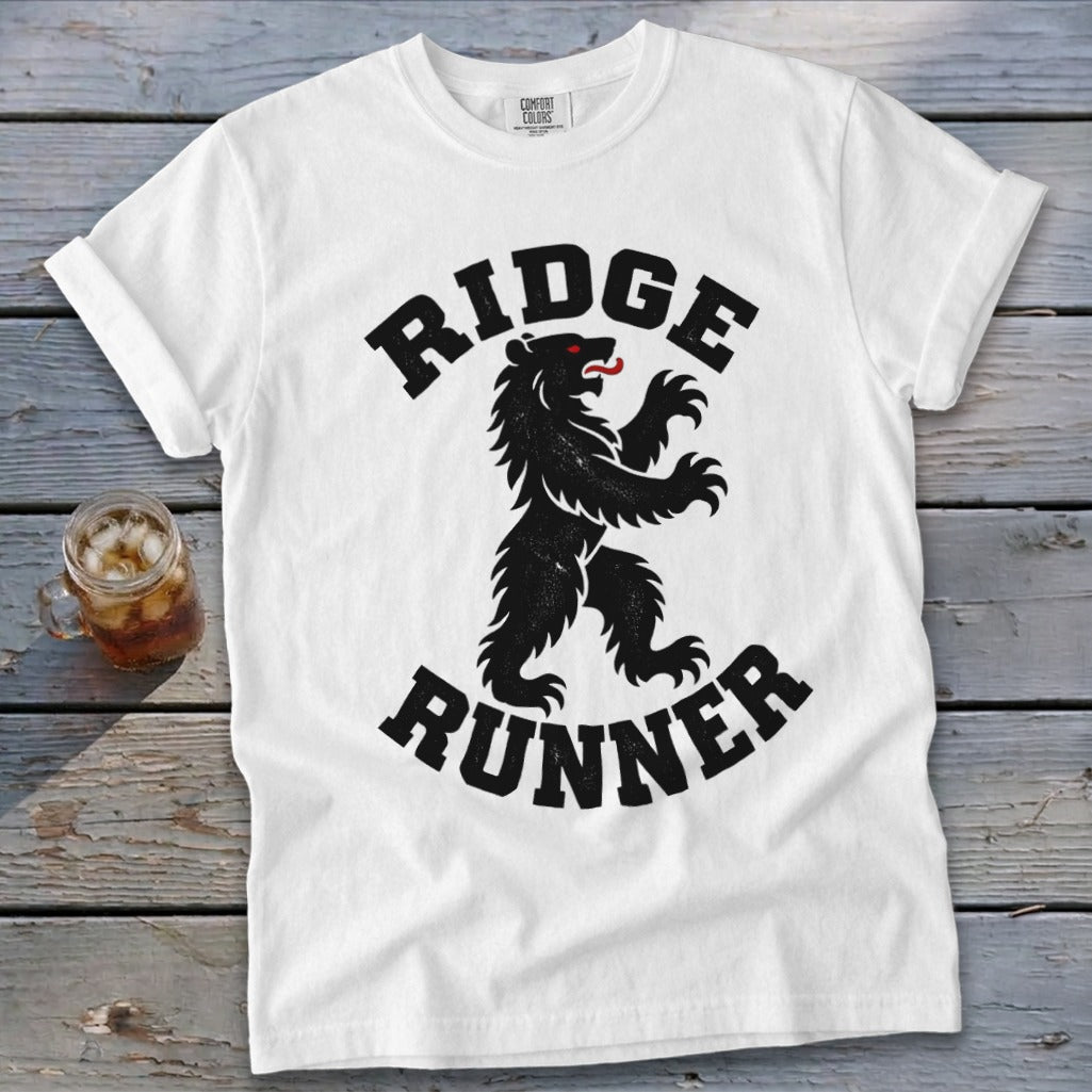 White t-shirt with black "RIDGE RUNNER" text and a black bear graphic.