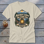 T-shirt graphic: "Always Leave the Light On Come On In" with lantern and mountains.