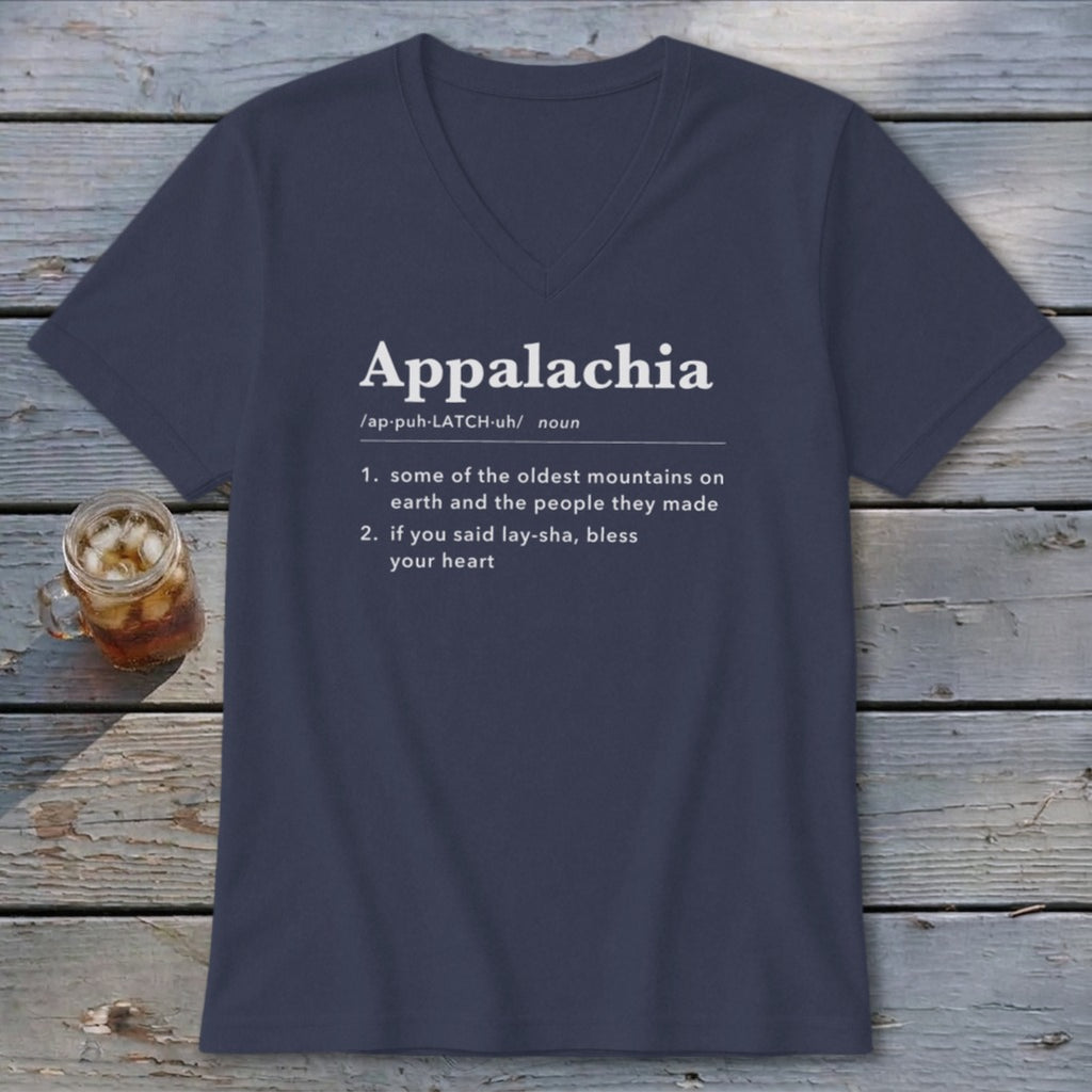 Dark gray V-neck t-shirt featuring dictionary-style text defining Appalachia on a rustic wooden background.