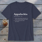 Dark gray V-neck t-shirt featuring dictionary-style text defining Appalachia on a rustic wooden background.