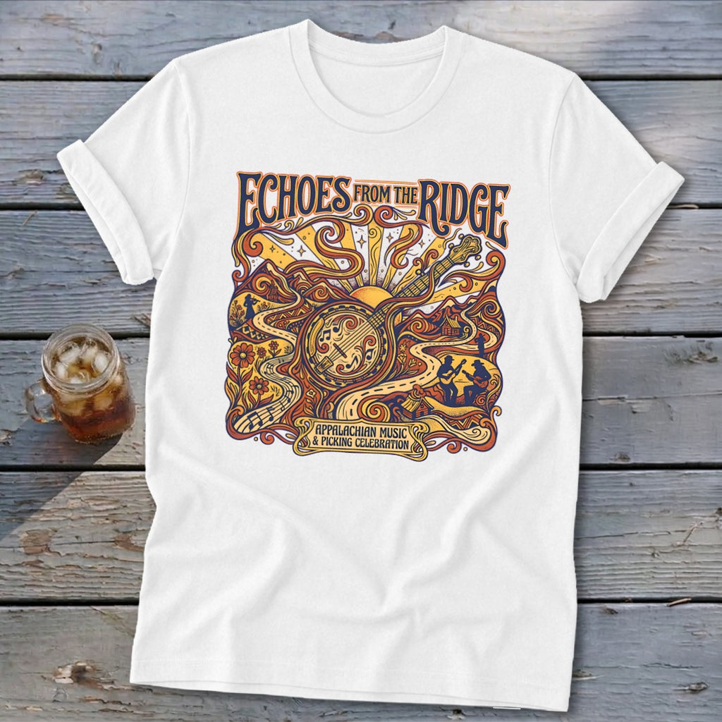 White t-shirt with "Echoes from the Ridge" and Appalachian music art.