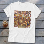 White t-shirt with "Echoes from the Ridge" and Appalachian music art.
