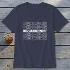 Navy v-neck t-shirt with "RIDGERUNNER" repeated multiple times.