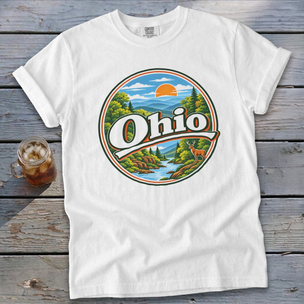 White t-shirt with a circular graphic depicting a scenic Ohio landscape with the word "Ohio" prominently displayed.