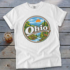 White t-shirt with a circular graphic depicting a scenic Ohio landscape with the word "Ohio" prominently displayed.