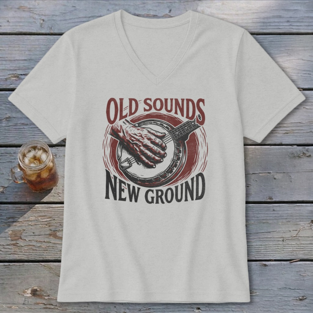 Light gray V-neck t-shirt featuring a banjo graphic and text that reads Old Sounds New Ground.