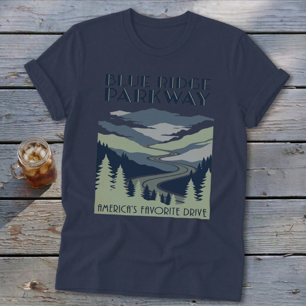 Dark blue t-shirt featuring a Blue Ridge Parkway graphic with mountains, winding road, and pine trees.