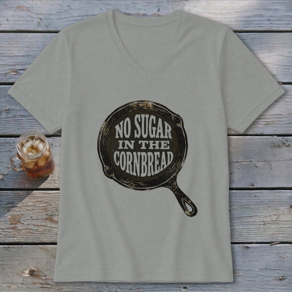 Light gray t-shirt with "No Sugar In The Cornbread" graphic inside a cast iron skillet.