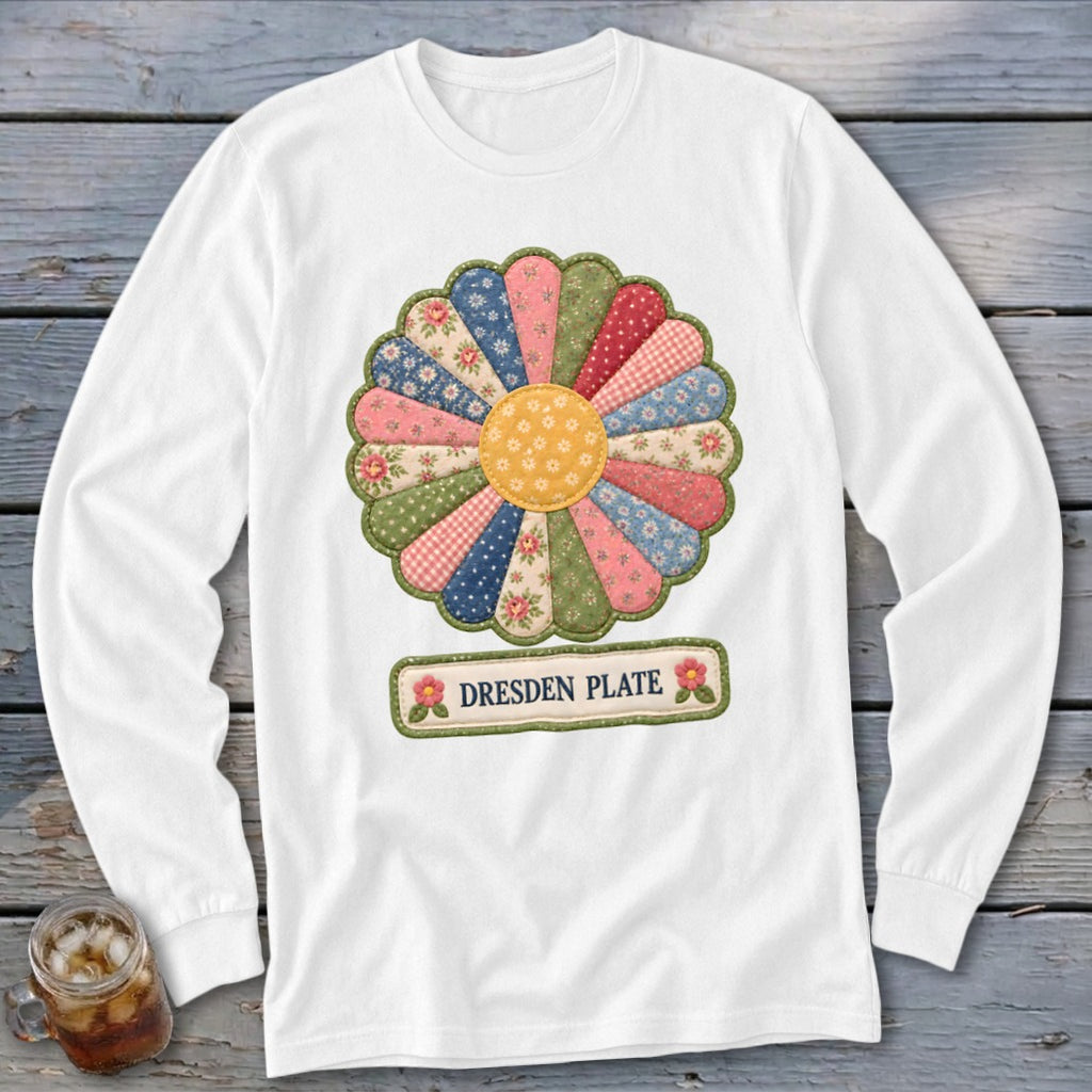 White long-sleeve shirt with a colorful quilted Dresden Plate flower design and "DRESDEN PLATE" text.