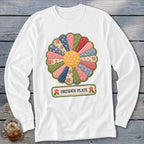 White long-sleeve shirt with a colorful quilted Dresden Plate flower design and "DRESDEN PLATE" text.