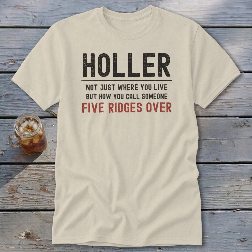 Light colored t-shirt with "HOLLER" and "FIVE RIDGES OVER" text.