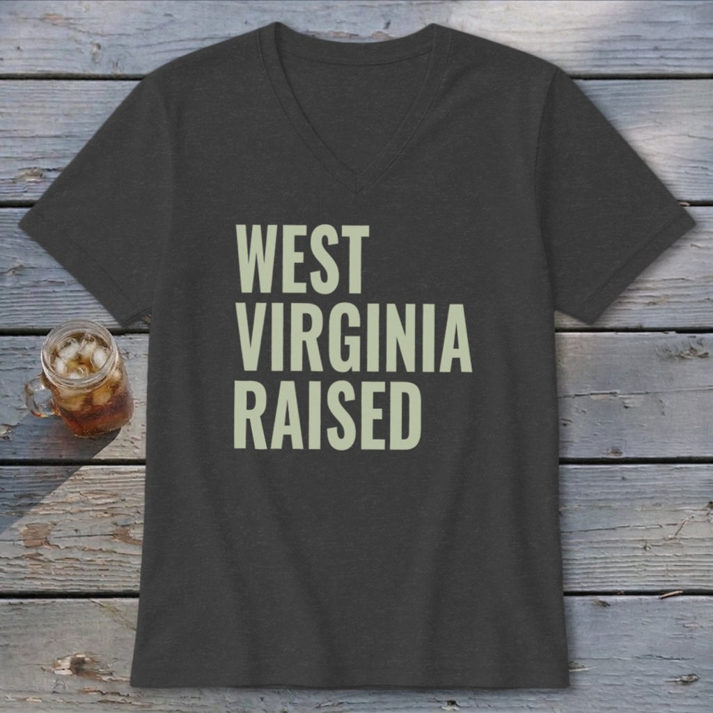 Dark grey v-neck t-shirt with "WEST VIRGINIA RAISED" text.